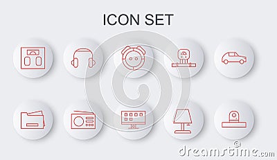 Set line Security camera, Printer, Robot vacuum cleaner, Table lamp, Bathroom scales, Headphones, Radio and Smart Tv Vector Illustration