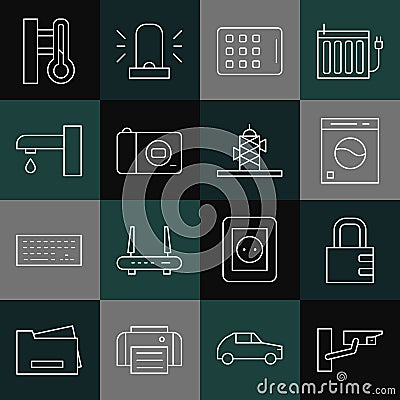 Set line Security camera, Safe combination lock, Washer, Graphic tablet, Photo, Water tap, Meteorology thermometer and Vector Illustration