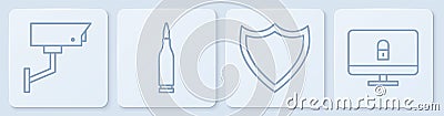 Set line Security camera, Shield, Bullet and Lock on computer monitor. White square button. Vector Vector Illustration