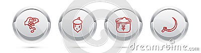Set line Seed, Acorn, oak nut, seed, Bag of flour and Sickle. Silver circle button. Vector Vector Illustration