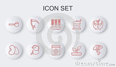 Set line Seed, Beans, Wheat, Sprout, Measuring cup with flour, Scythe, and Pack full of seeds of plant icon. Vector Vector Illustration