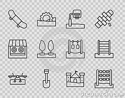 Set line Seesaw, Tic tac toe game, Basketball backboard, Shovel toy, Skateboard trick, Forest, Sand castle and Swedish Vector Illustration