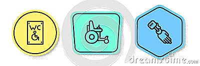 Set line Separated toilet for disabled, Electric wheelchair and Prosthesis hand. Colored shapes. Vector Vector Illustration