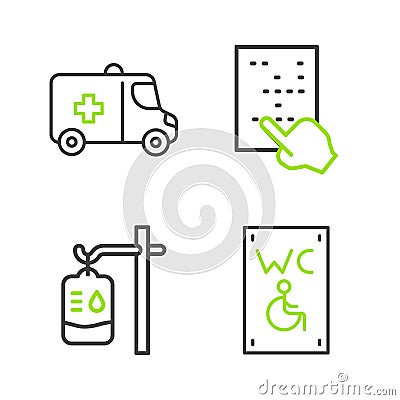Set line Separated toilet for disabled, IV bag, Braille and Emergency car icon. Vector Stock Photo