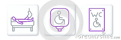 Set line Separated toilet for disabled, Patient with broken leg and Disabled wheelchair icon. Vector Stock Photo