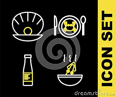 Set line Served crab on a plate, Soup with octopus, Sauce bottle and Shell pearl icon. Vector Vector Illustration