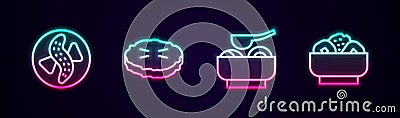 Set line Served cucumber on a plate, Homemade pie, Ramen soup bowl and Chow mein. Glowing neon icon. Vector Stock Photo