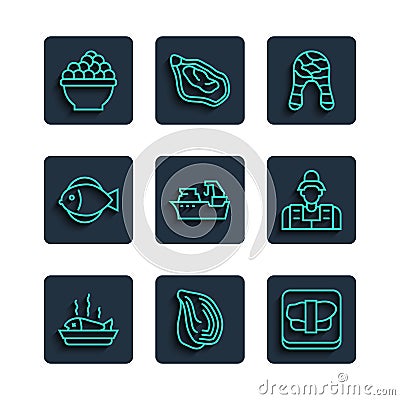 Set line Served fish on a plate, Mussel, Sushi cutting board, Fish steak, Fishing boat, Caviar and Fisherman icon Vector Illustration