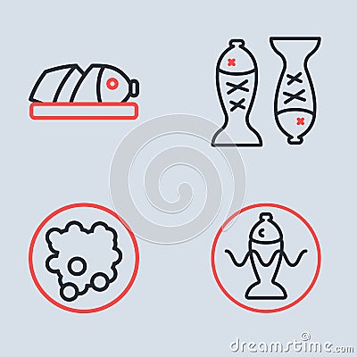 Set line Served fish on a plate, Rice in bowl, and Fish with sliced pieces icon. Vector Vector Illustration
