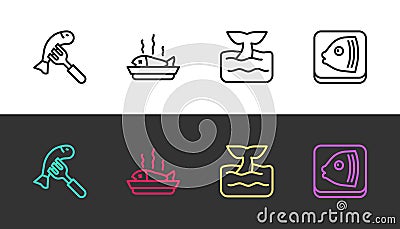 Set line Served fish on a plate, , Whale tail in ocean wave and Fish head on black and white. Vector Vector Illustration