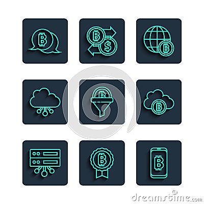 Set line Server, Bitcoin, Mining bitcoin from mobile, Globe, Sales funnel with, Cryptocurrency cloud mining, and icon Vector Illustration