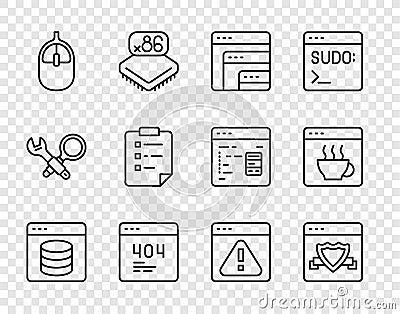 Set line Server, Data, Web Hosting, Browser with shield, Software, Page 404 error, Computer mouse, Clipboard checklist Vector Illustration