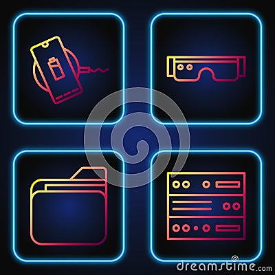 Set line Server, Data, Web Hosting, Document folder, Wireless charger and Smart glasses. Gradient color icons. Vector Vector Illustration