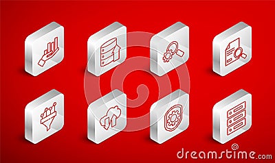 Set line Server, Data, Web Hosting, Magnifying glass and gear, Document with search, Shield settings, Pie chart Stock Photo