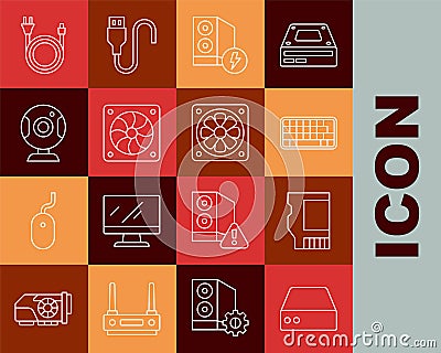 Set line Server, Data, Web Hosting, SD card, Keyboard, Case of computer, Computer cooler, camera, Electric plug and icon Vector Illustration