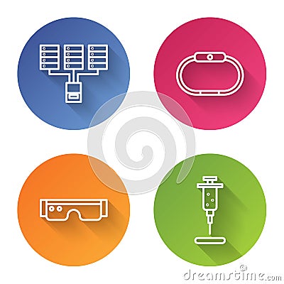 Set line Server, Data, Web Hosting, Smartwatch, Smart glasses and Syringe. Color circle button. Vector Vector Illustration