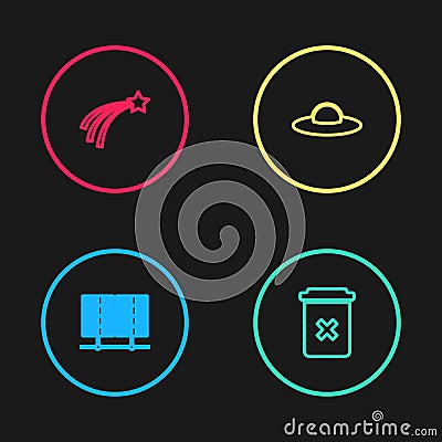 Set line Server, Data, Web Hosting, Trash can, UFO flying spaceship and Falling star icon. Vector Vector Illustration