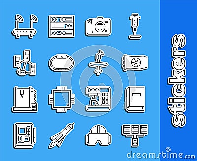 Set line Server, Data, Web Hosting, User manual, Video graphic card, Mirrorless camera, Smartwatch, Computer network Vector Illustration