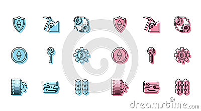 Set line Server and gear, Cryptocurrency wallet, Shield Ethereum ETH, Blockchain technology, key, coin Bitcoin, and Vector Illustration