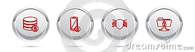 Set line Server security with lock, Smartphone, Cyber and FTP folder and. Silver circle button. Vector Vector Illustration