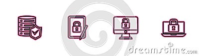 Set line Server with shield, Lock on computer monitor, Tablet closed padlock and Laptop and icon. Vector Vector Illustration