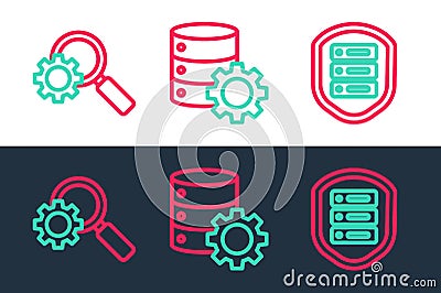 Set line Server with shield, Magnifying glass and gear and icon. Vector Vector Illustration