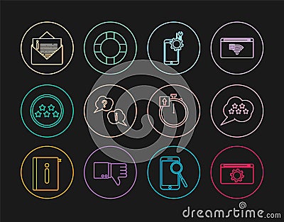 Set line Setting, Five stars rating review, Mobile service, Question and Exclamation, Envelope, Stopwatch and Lifebuoy Vector Illustration