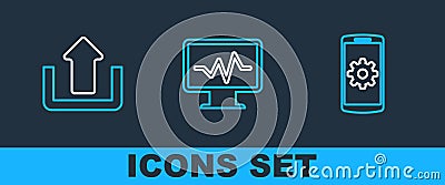 Set line Setting on smartphone, Upload and Monitor with cardiogram icon. Vector Stock Photo