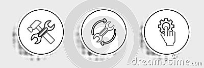 Set line Settings in the hand, Hammer wrench and Wrench arrows as workflow icon. Vector Stock Photo