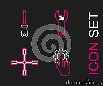 Set line Settings in the hand, Wheel wrench, Adjustable and Screwdriver icon. Vector Vector Illustration