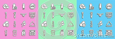 Set line Sex shop, Condom, Monitor with 18 plus content, Dildo vibrator, Leather whip, Adult label compact disc and Vector Illustration