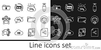 Set line Share file, Car sharing, CO2 emissions cloud, Delete folder, and Refund money icon. Vector Stock Photo