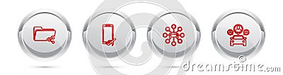 Set line Share folder, Flight mode in the mobile, Car sharing and . Silver circle button. Vector Vector Illustration