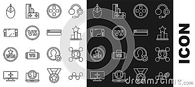 Set line Share, Star, Gamepad, VS Versus battle, Portable video game console, Computer mouse gaming and Video icon Vector Illustration