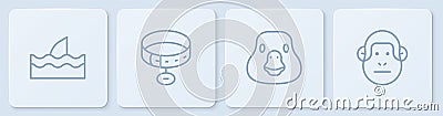 Set line Shark fin in ocean wave, Goose bird, Collar with name tag and Monkey. White square button. Vector Vector Illustration