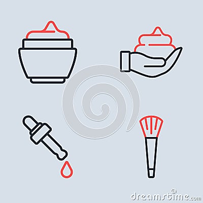 Set line Shaving foam on hand, Pipette with oil, Makeup brush and Cream or lotion cosmetic tube icon. Vector Vector Illustration