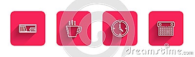 Set line Shelf with books, Coffee cup, Clock and Calendar with long shadow. Red square button. Vector Vector Illustration