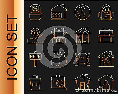 Set line Shelter for homeless, No house, Bench, Global economic crisis, Clothes donation, Rising cost of housing Vector Illustration