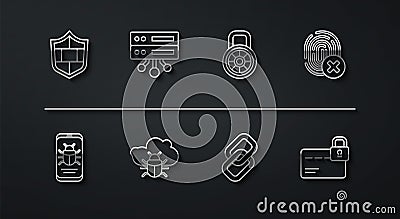 Set line Shield with brick wall, System bug on mobile, Cancelled fingerprint, Chain link, cloud, Server, Data, Web Vector Illustration