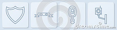 Set line Shield, Car key with remote, Thief eye mask and Security camera. White square button. Vector Vector Illustration