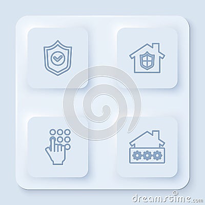 Set line Shield with check mark, House under protection, Password and password. White square button. Vector Vector Illustration