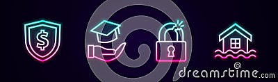Set line Shield with dollar, Education grant, Broken or cracked lock and House flood. Glowing neon icon. Vector Vector Illustration