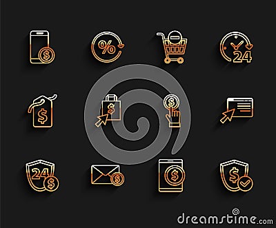 Set line Shield with dollar, Envelope coin, Smartphone, Tablet, Shoping bag and, Online shopping screen and Hand holding Vector Illustration