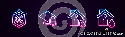 Set line Shield with dollar, Graduation cap shield, Fire in burning house and House flood. Glowing neon icon. Vector Stock Photo