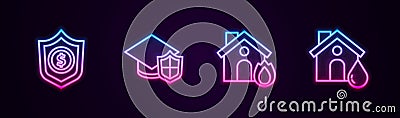 Set line Shield with dollar, Graduation cap shield, Fire in burning house and House flood. Glowing neon icon. Vector Vector Illustration