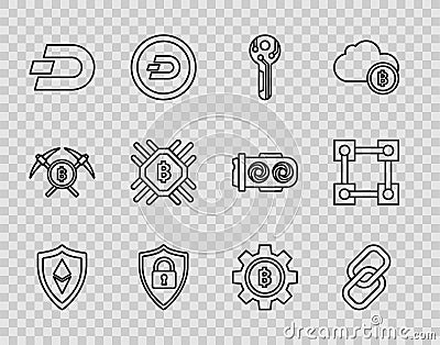 Set line Shield Ethereum ETH, Chain link, Cryptocurrency key, security with lock, coin Dash, CPU mining farm, Bitcoin Vector Illustration