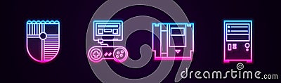 Set line Shield for game, Game console with joystick, Cartridge and Computer. Glowing neon icon. Vector Vector Illustration