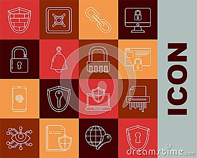 Set line Shield with keyhole, Paper shredder confidential, Secure your site HTTPS, SSL, Chain link, Ringing bell, Open Vector Illustration