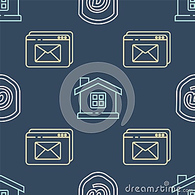 Set line Shield with mail and e-mail, Website and envelope and House on seamless pattern. Vector Vector Illustration