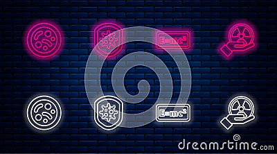 Set line Shield protecting from virus, Equation solution, Bacteria and Radioactive. Glowing neon icon on brick wall Vector Illustration